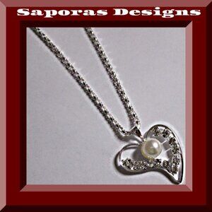 Silver Tone Heart Design Necklace With White Faux Pearl & Clear Crystals